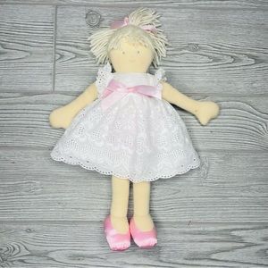 alimrose design cloth baby doll with yarn hair and white lace eyelet dress 14”
